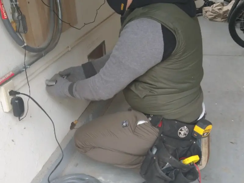 Electrician performing outlet wiring in a Mount Pleasant garage